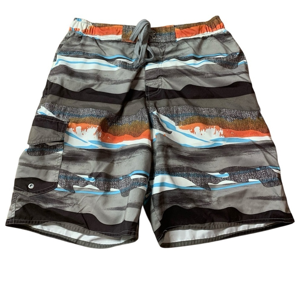 Dockers Men’s Swim Trunks Medium Gray Orange Wave Abstract Board Shorts Lined